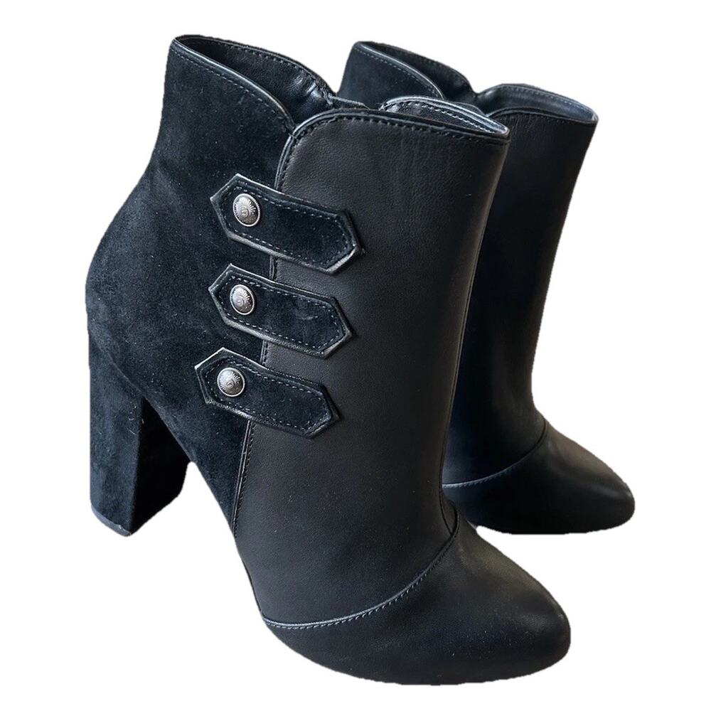 WHBM Kaydyn Ankle Booties Womens 6 Black Leather Velvet Block Heel Shoes NEW - Picture 1 of 16